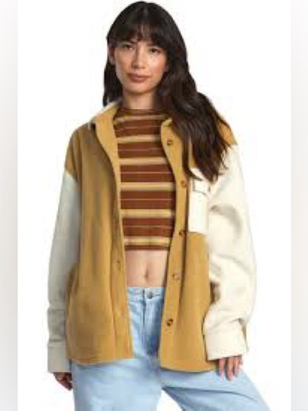 RVCA Birdie Polar Fleece Shacket Shirt, Tan & Cream, Soft Oversized, Women’s L